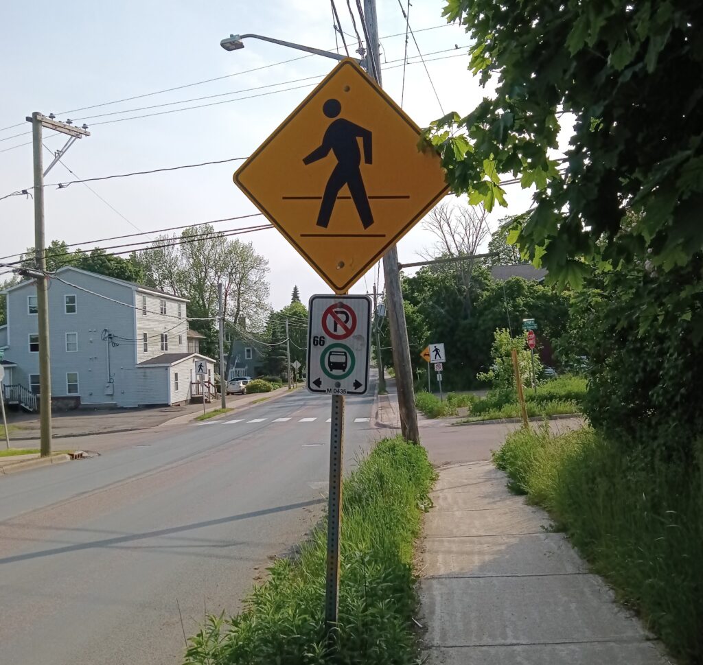 A street sign on a residential street with a pedestrian crossing sign, a no parking symbol and a bus symbol.