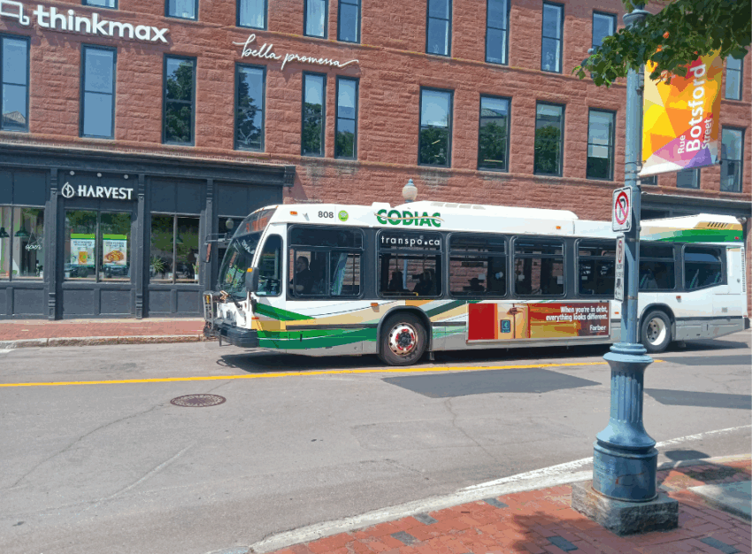 A city bus rolls past a brick commercial building.