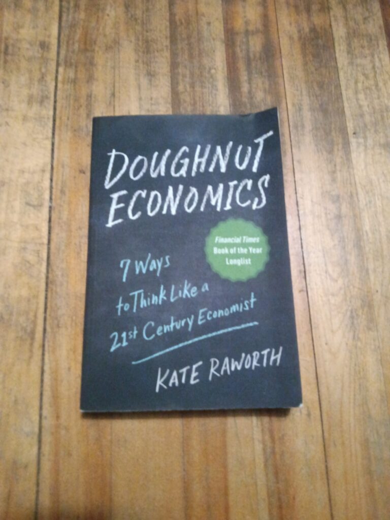 The book Doughnut Economics by Kate Raworth sitting on a wood floor.