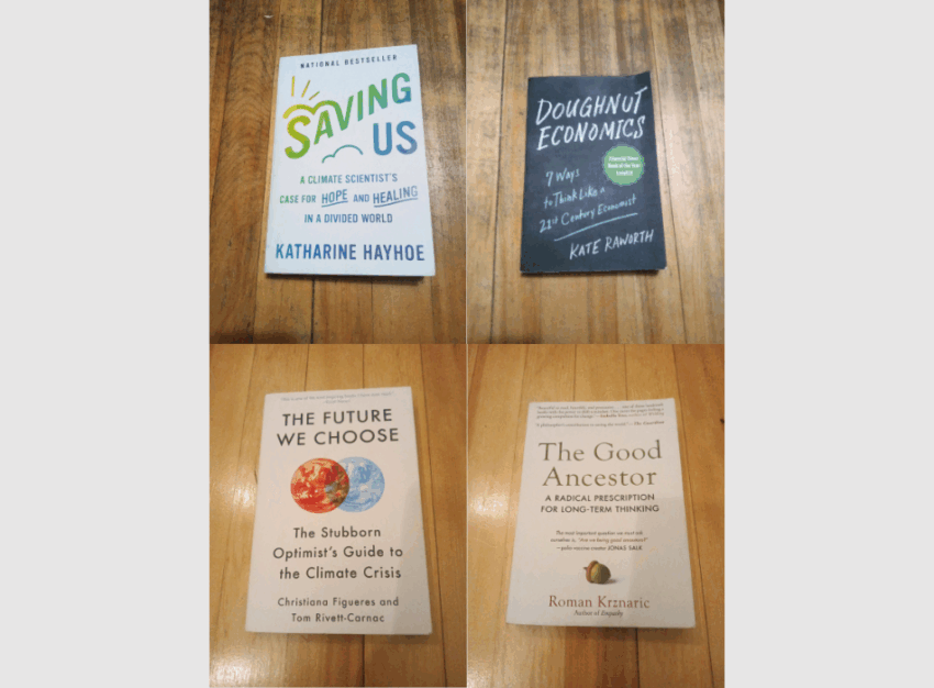 A quadrant with four books: Saving Us, Doughnut Economics, The Future We Choose, and The Good Ancestor.