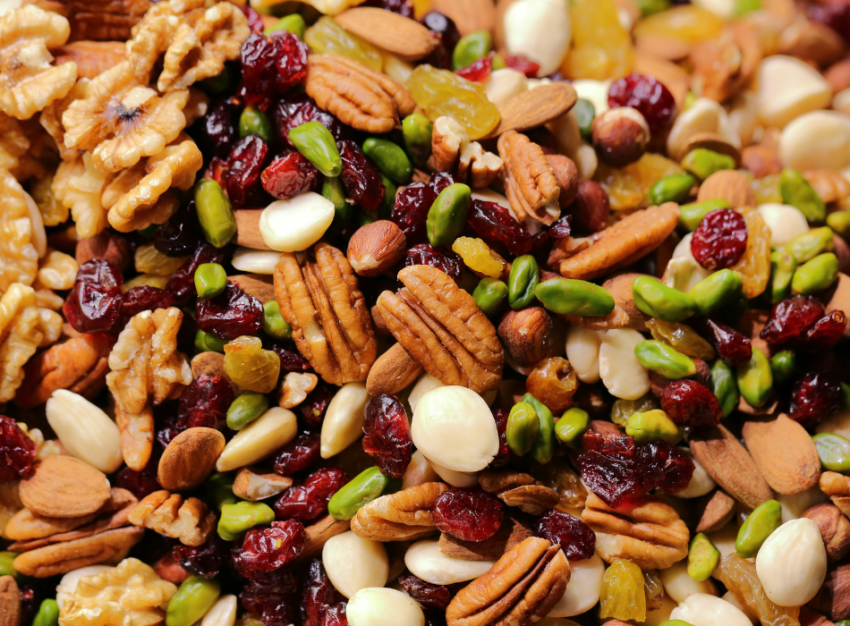Trail mix with a variety of nuts and dried fruit.